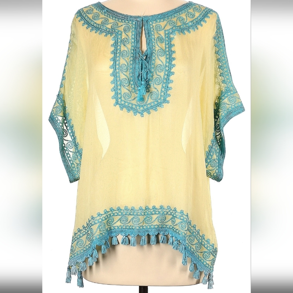 Calypso Saint Barth St. Barth silk beach cover-up 0 S M aqua yellow beachy VGUC